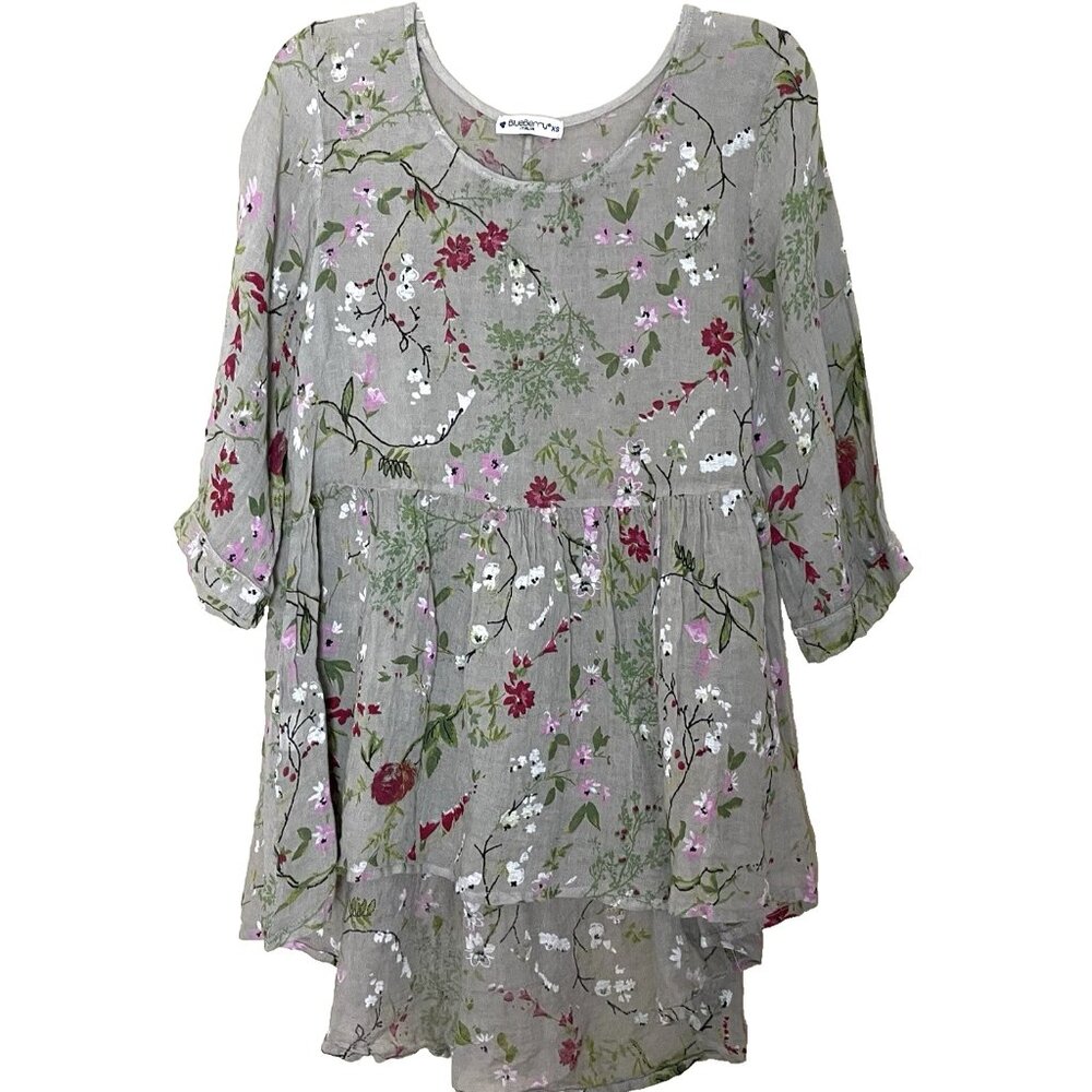 BlueBerry Floral Linen Blouse Tunic Top XS Art to Wear Cottagecore Made in Italy